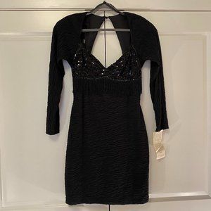 Macy's Retro Black Mini Dress w/Beaded Sequins and Open Back, Size 13-14